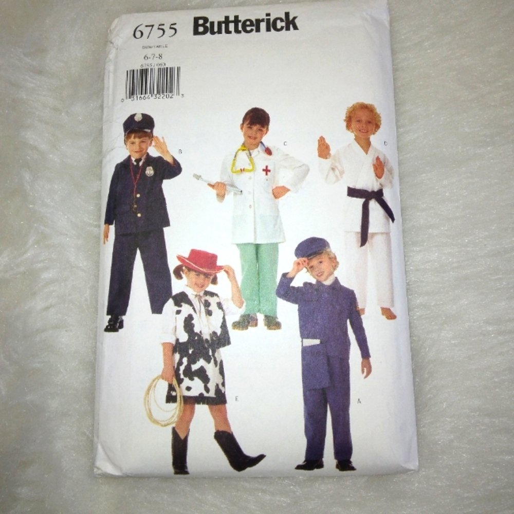 BUTTERICK 6755 Sz 6-8 Kids' costumes Doctor Karate Police Cowboy/girl